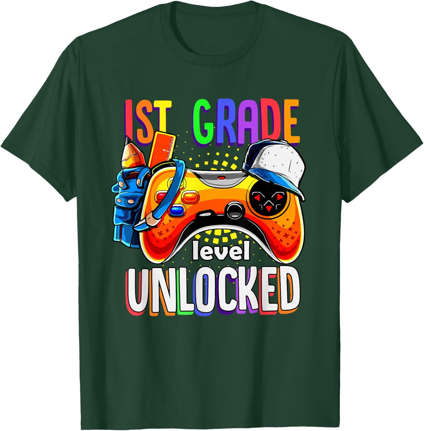 Gamer Back to School Gamepad 1st First Grade Level Unlocked T-Shirt - T-Shirt | Forest