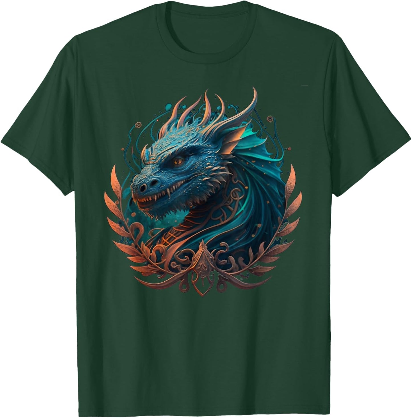 Mystical dragons head with curlicues in turquoise, drawing T-Shirt - T-Shirt | Forest
