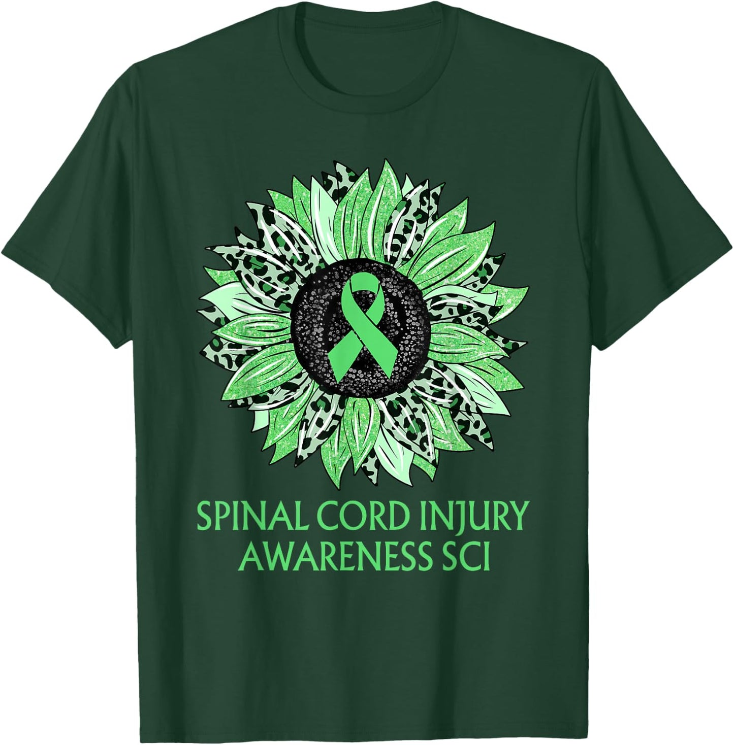 Leopard Sunflower Spinal Cord Injury Awareness SCI Green T-Shirt - T-Shirt | Forest