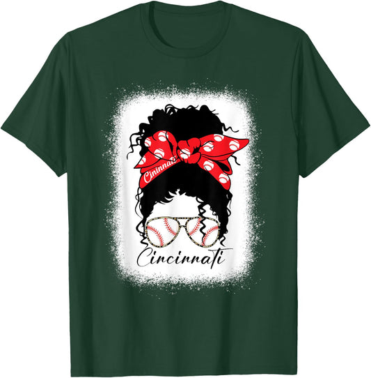 Cincinnati Messy Bun Bleached Baseball Fan I Love Cincinnati T-Shirt - T-Shirt | Forest