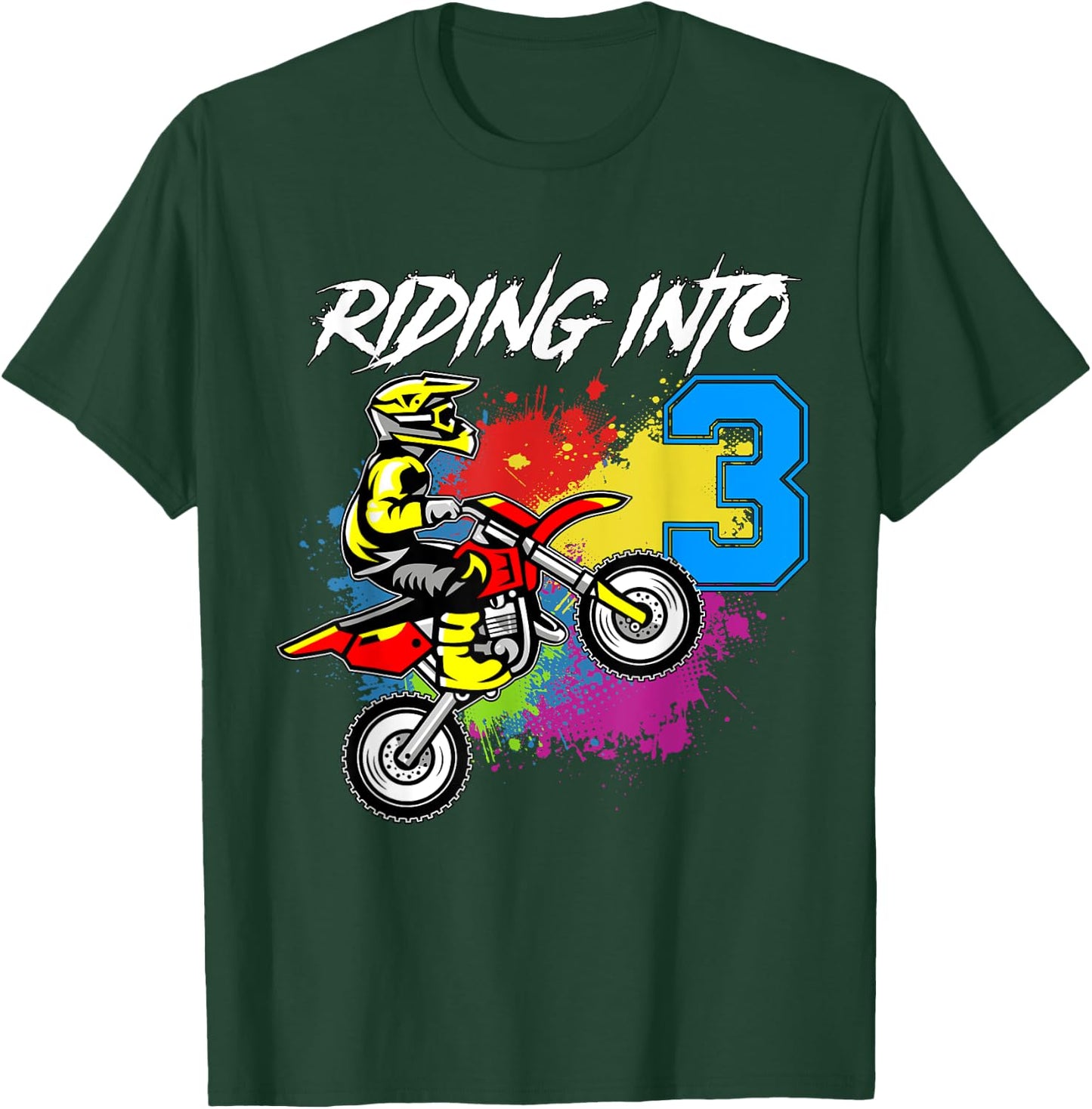 Riding Into 3 Years Old | 3rd Birthday Boy Dirt Bike Party T-Shirt - T-Shirt | Forest
