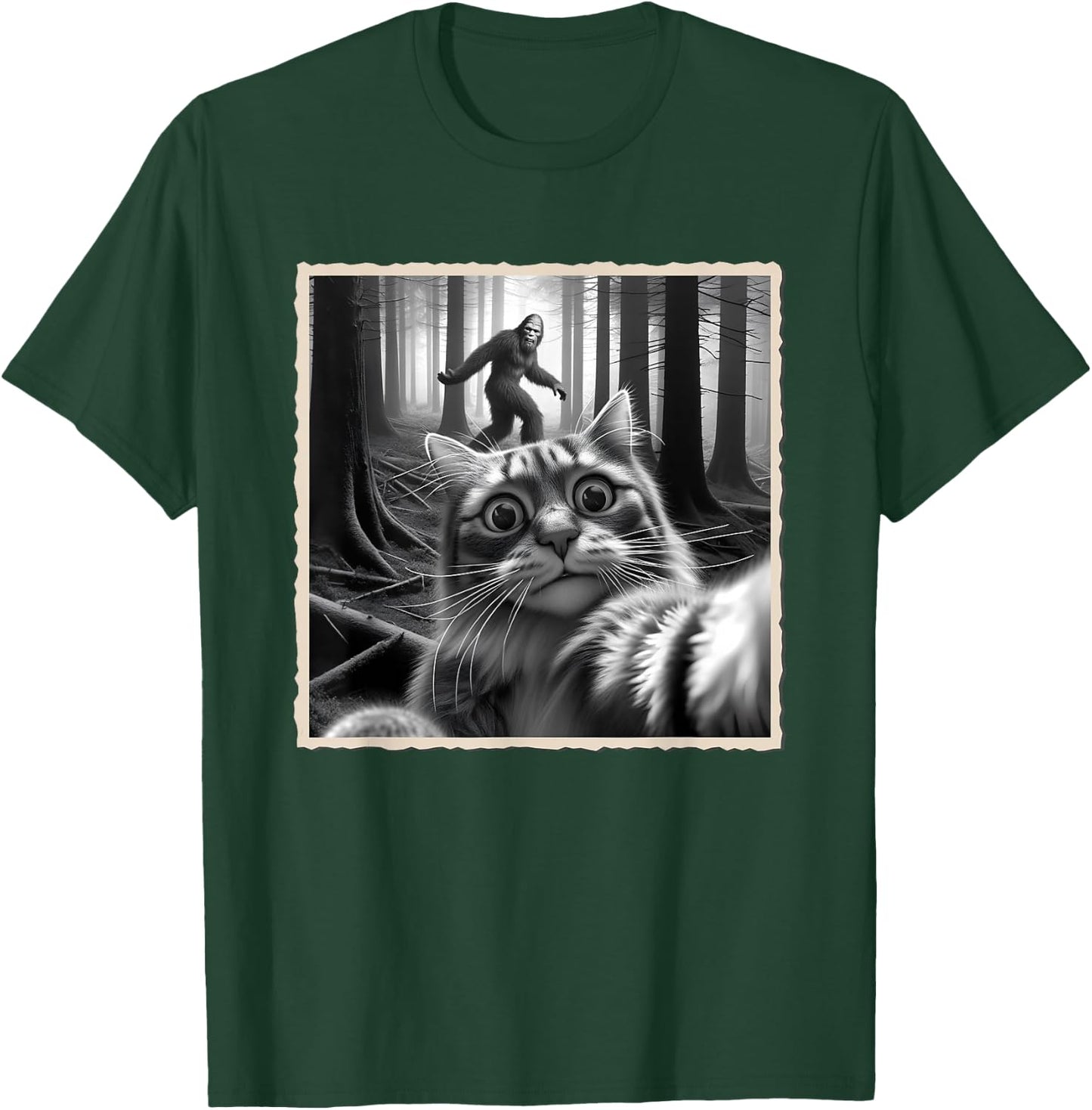 Funny Cat Selfie with Bigfoot, Sasquatch & Humor, Funny Cat T-Shirt - T-Shirt | Forest