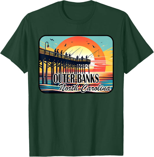 Outer Banks North Carolina Pier Fishing at Dawn Design T-Shirt - T-Shirt | Forest
