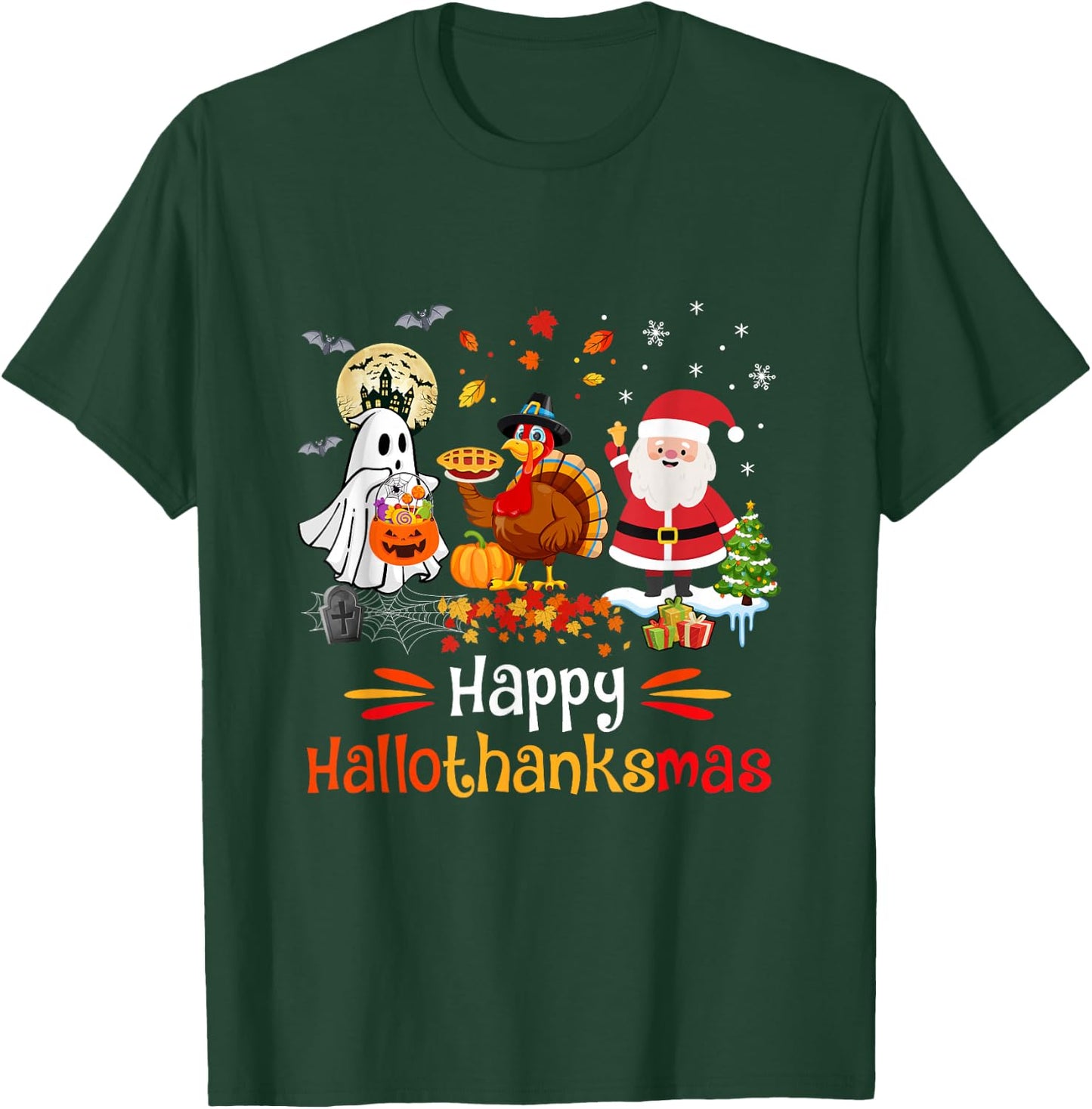 Happy Hallothanksmas Ghost Turkey Pumpkin Christmas Santa T-Shirt - T-Shirt | Forest