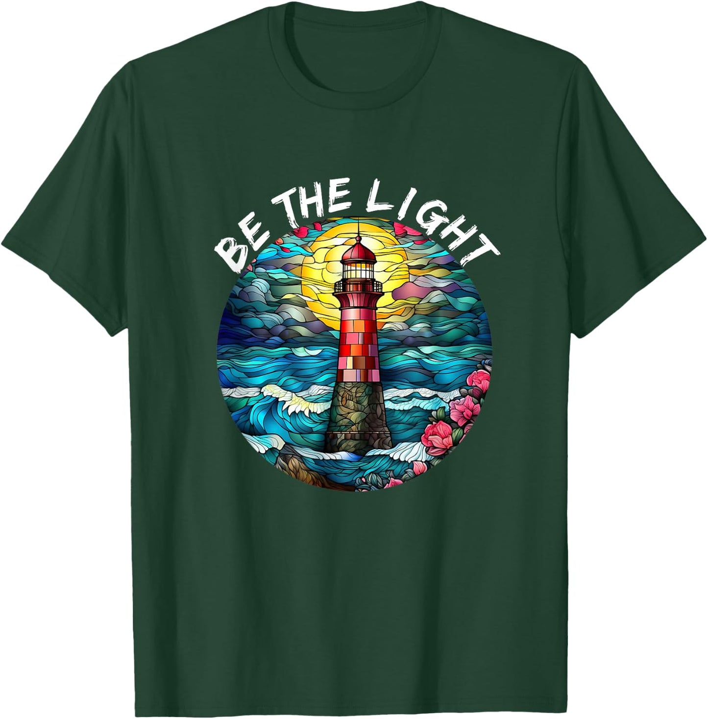 Be The Light Stained Glass Lighthouse Motivational Quote T-Shirt - T-Shirt | Forest