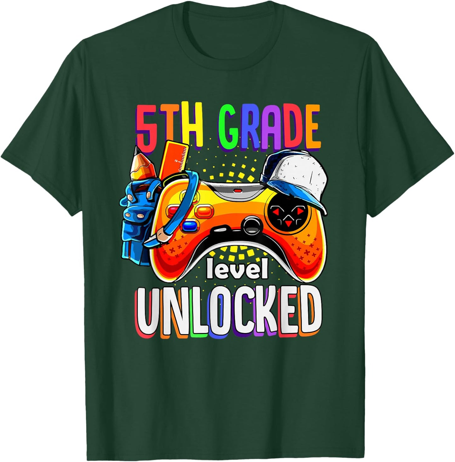 Gamer Back To School Gamepad 5th Fifth Grade Level Unlocked T-Shirt - T-Shirt | Forest