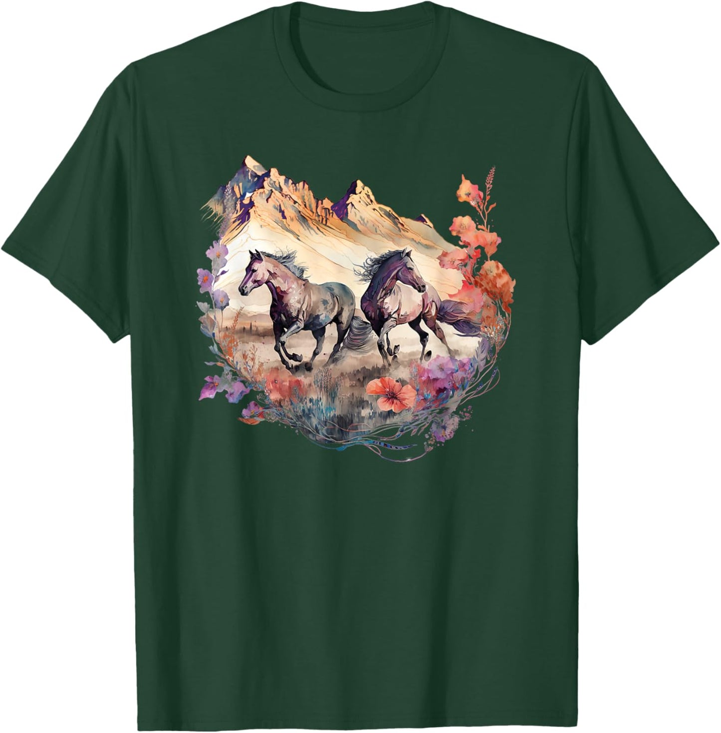 Horses Flowers Mountain Boho Western Southern Cowgirl T-Shirt - T-Shirt | Forest