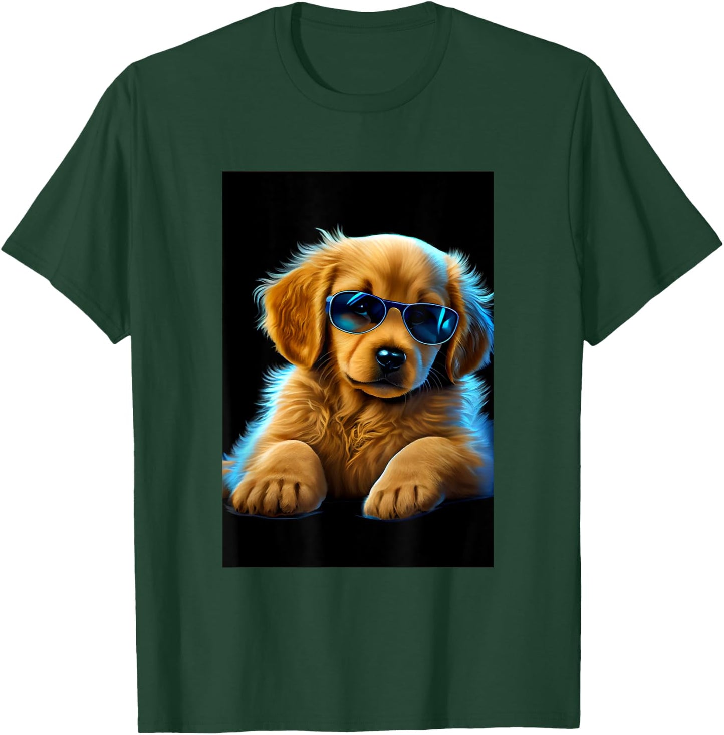Cute Adorable Golden Retriever Puppy Sunglasses Digital Art T-Shirt - T-Shirt | Forest