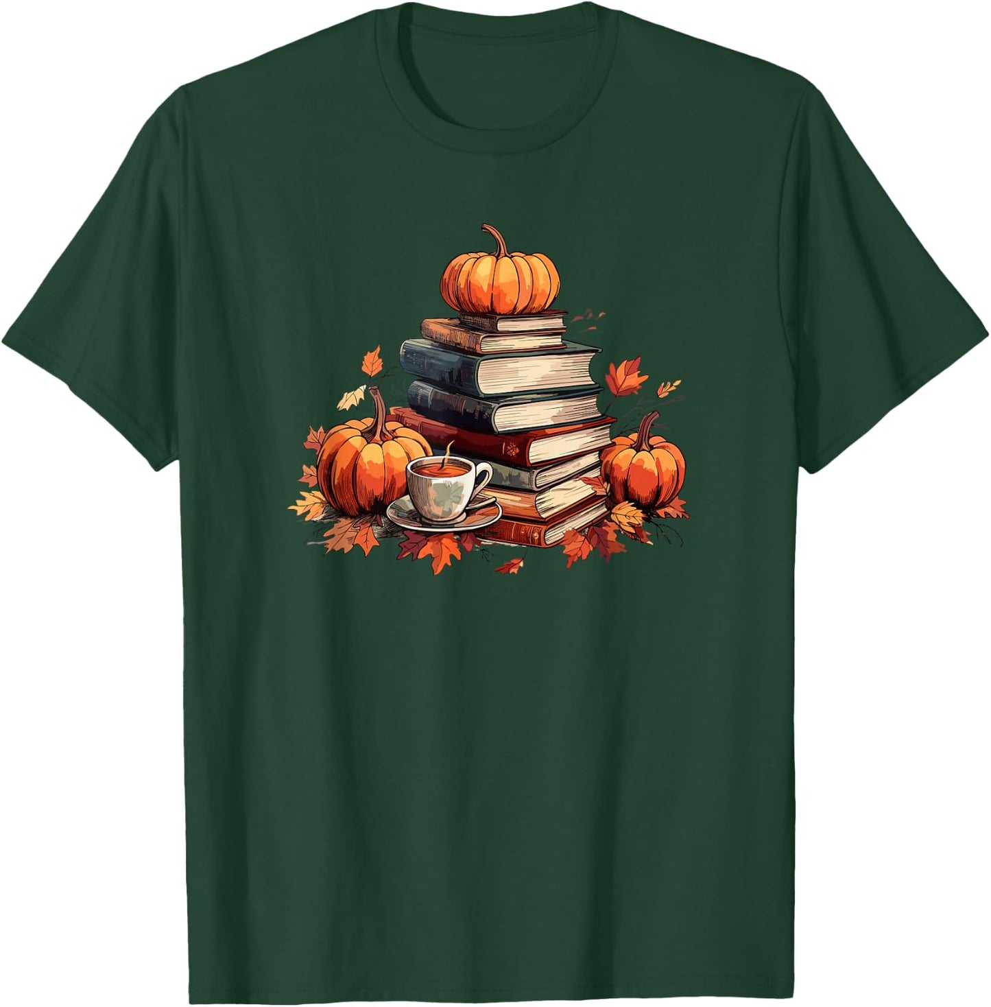 Books Coffee Fall Leaves and Pumpkins Vintage Library T-Shirt - T-Shirt | Forest