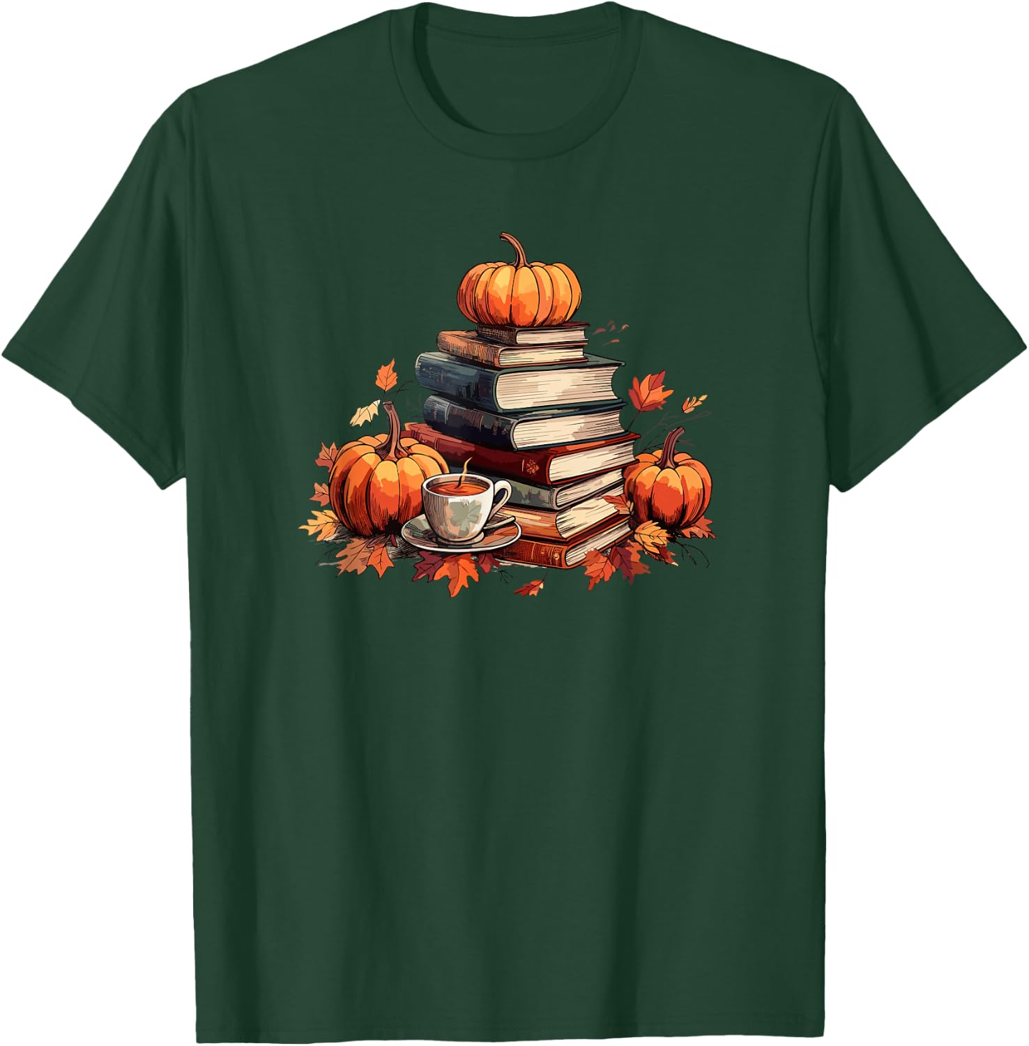 Books Coffee Fall Leaves and Pumpkins Vintage Library T-Shirt - T-Shirt | Forest