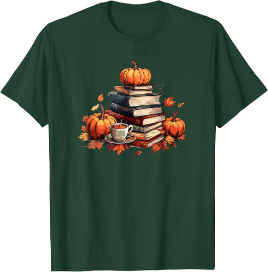 Books Coffee Fall Leaves and Pumpkins Vintage Library T-Shirt - T-Shirt | Forest