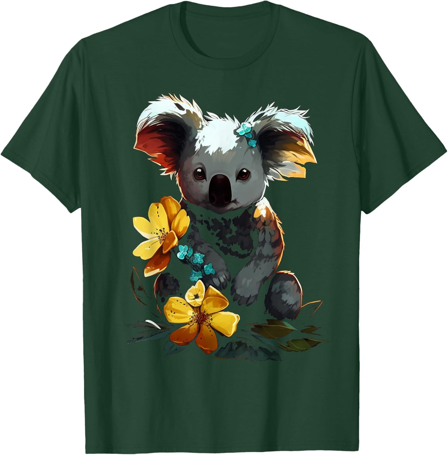 Koala Artwork - Flowers Animal Motif Art Koala T-Shirt - T-Shirt | Forest