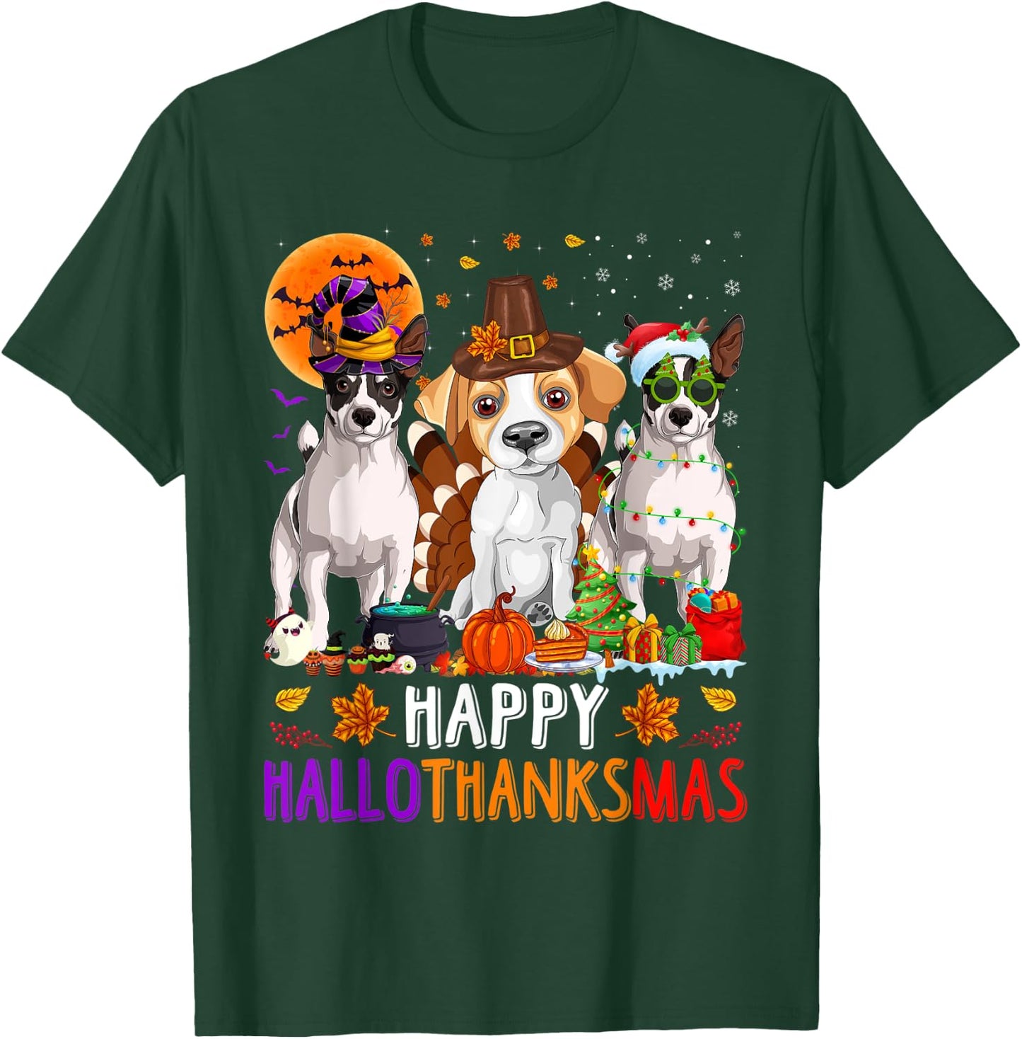 Happy Hallothanksmas Jack Russell Terrier Dog Halloween Xmas T-Shirt - T-Shirt | Forest