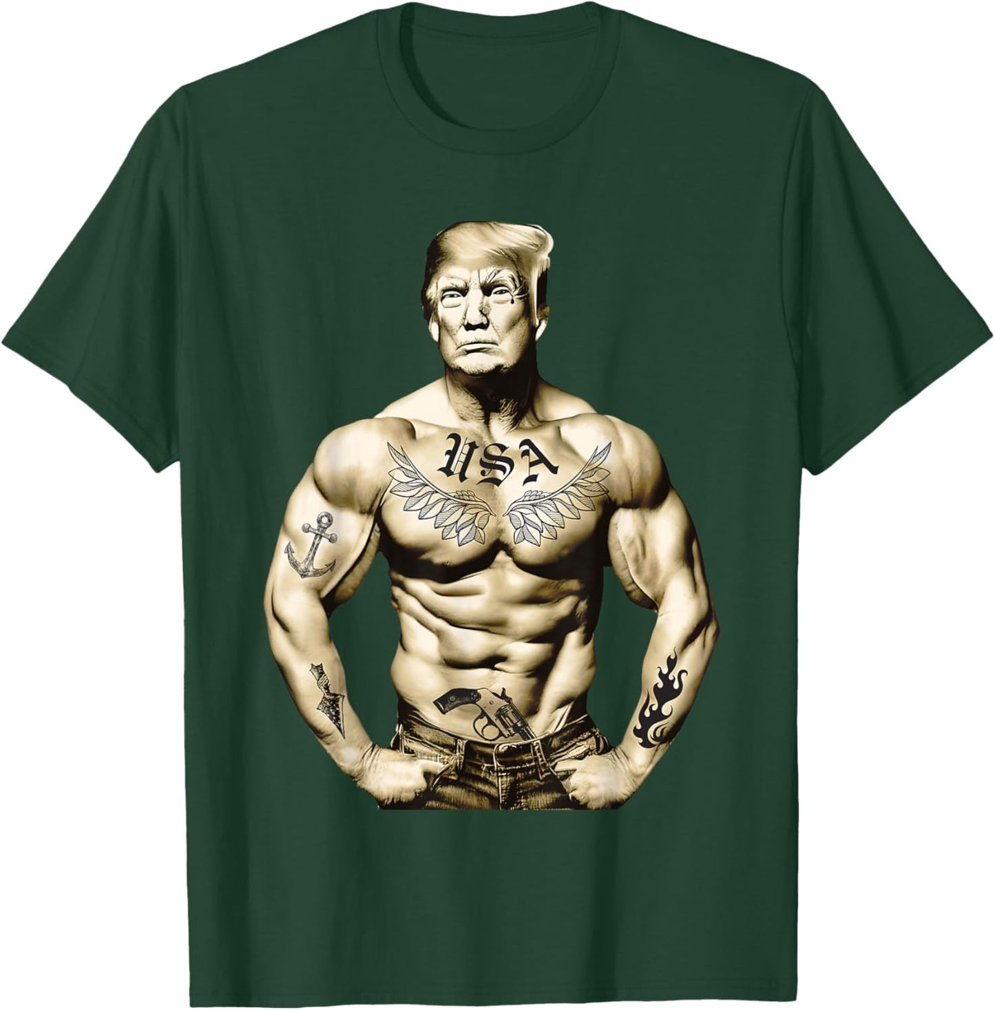 Funny Donald Trump Muscle Workout Tattoo Supporter 2024 T-Shirt - T-Shirt | Forest