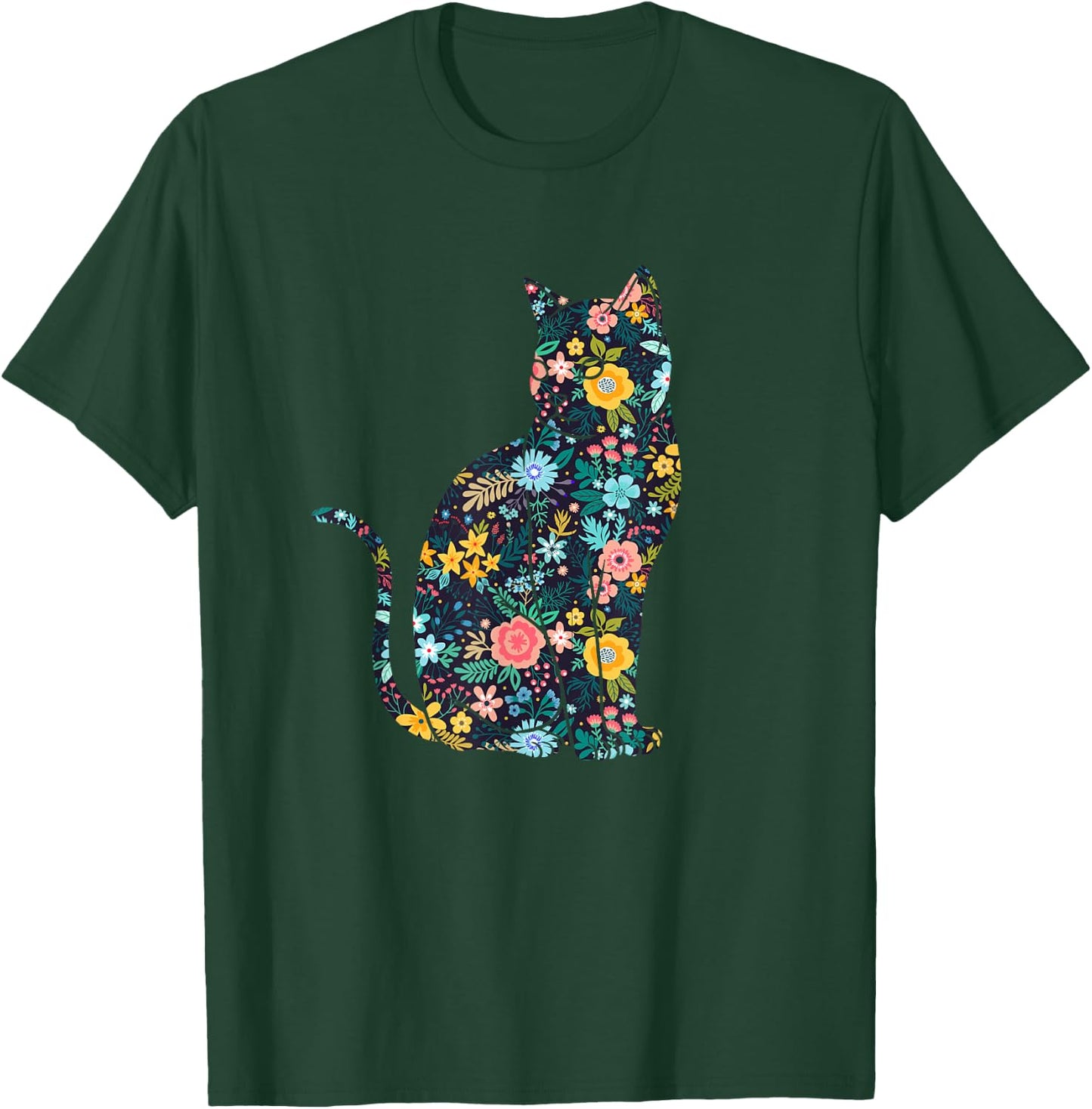 Floral Cat Silhouette Girls Graphic T-Shirt - T-Shirt | Forest