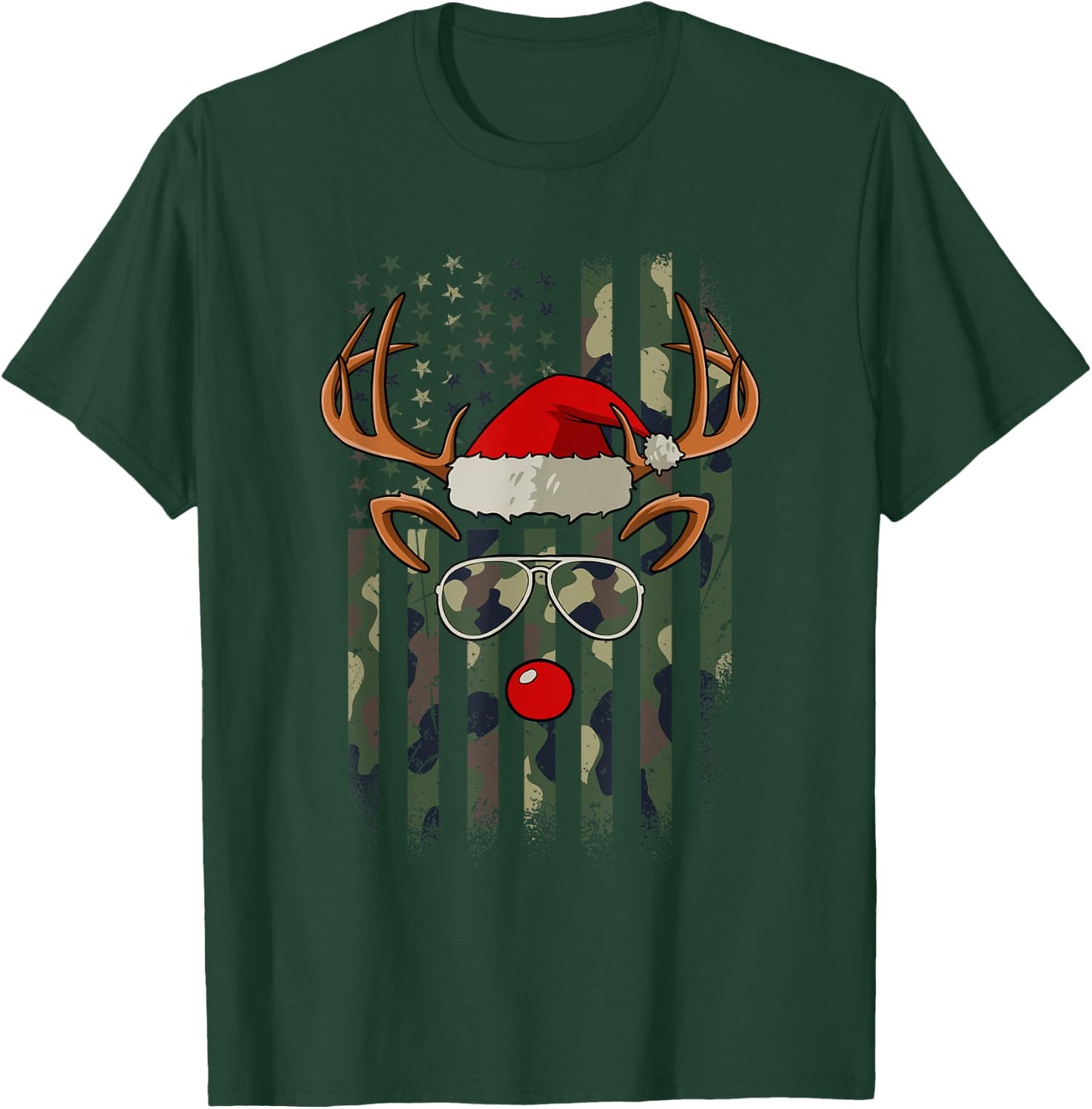 Reindeer Camo American Flag Christmas Pajama X-Mas Veteran T-Shirt - T-Shirt | Forest