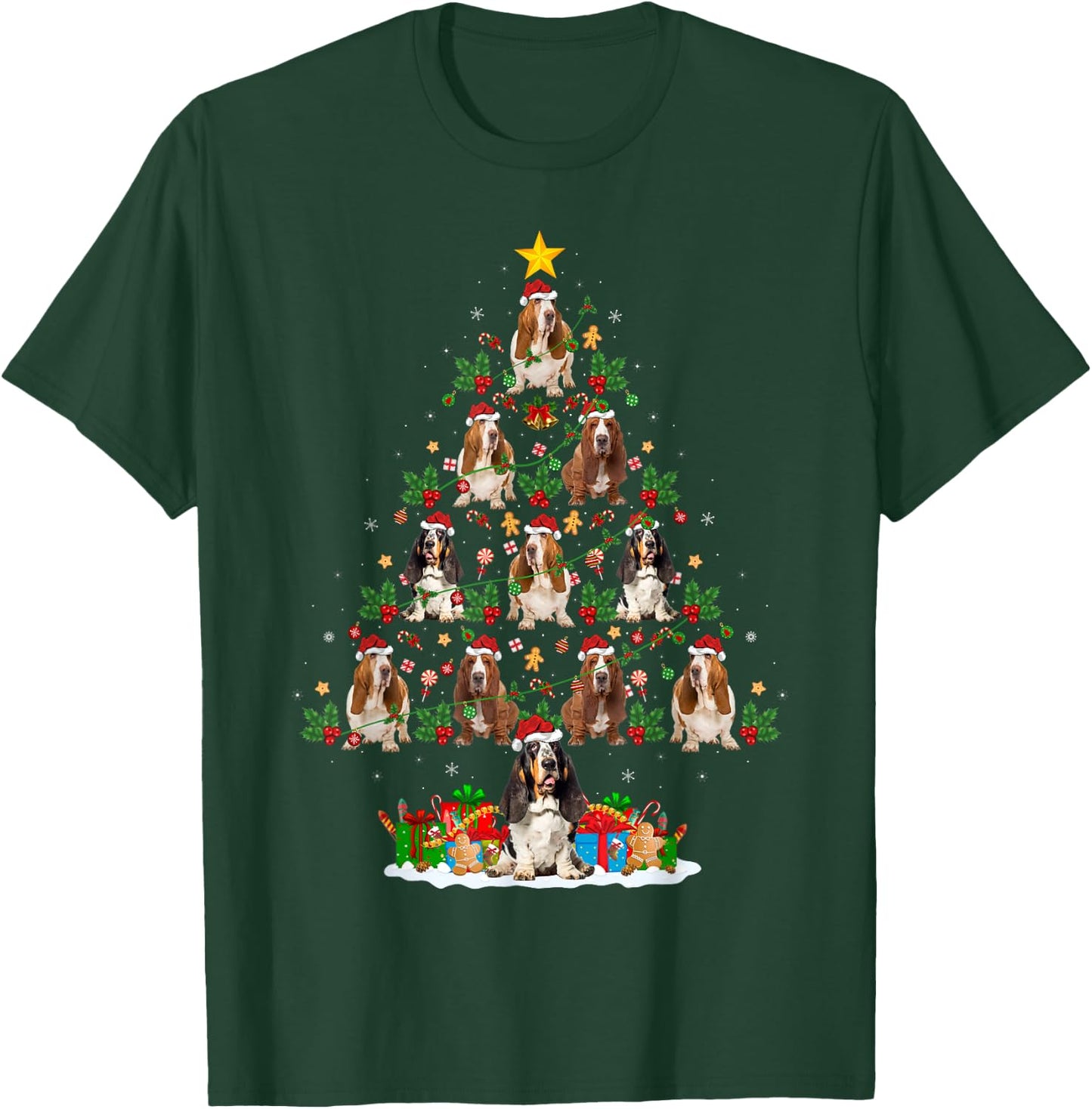 Lighting Xmas Holiday Santa Basset Hound Dog Christmas Tree T-Shirt - T-Shirt | Forest