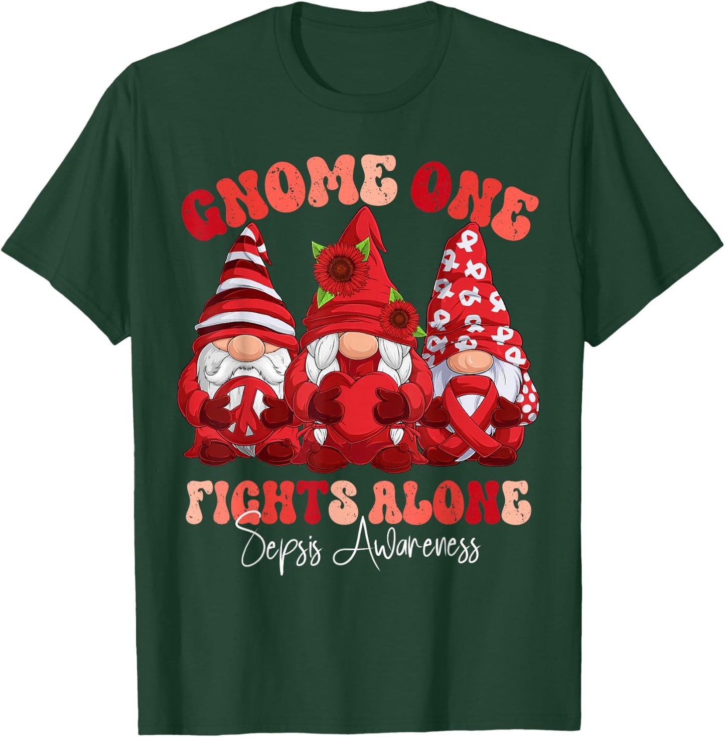 Sepsis Awareness Month Red Ribbon Gnomies T-Shirt - T-Shirt | Forest