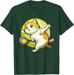 Funny Tennis Racket Cat Playing Tennis Women Kids T-Shirt - T-Shirt | Forest
