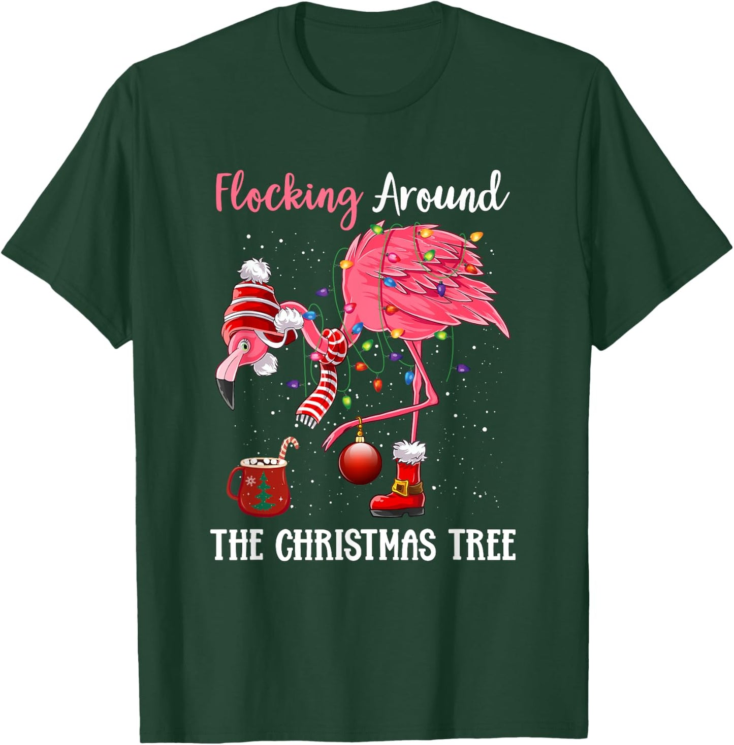 Flocking Around The Christmas Tree Xmas Pjs Pink Flamingo T-Shirt - T-Shirt | Forest