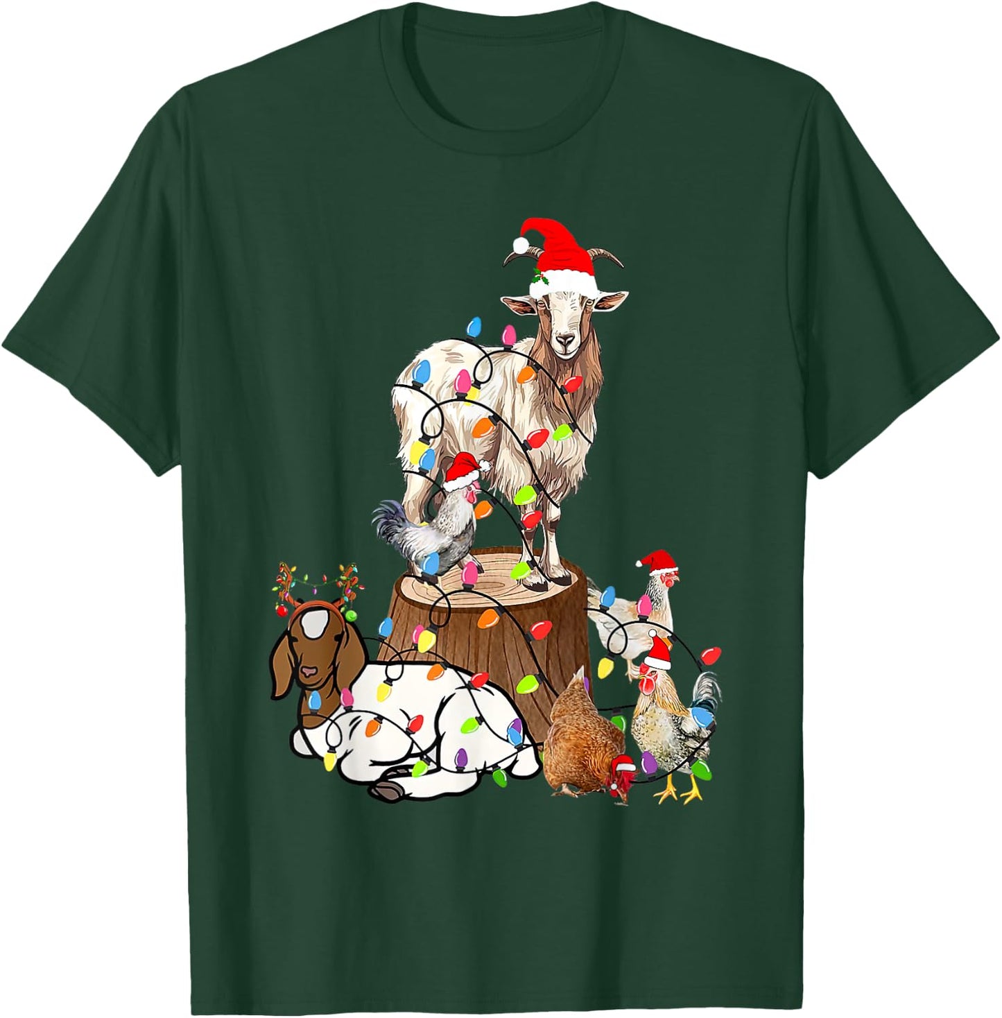 Goat Chicken Santa Hat Reindeer Funny Christmas Lights Farm T-Shirt - T-Shirt | Forest