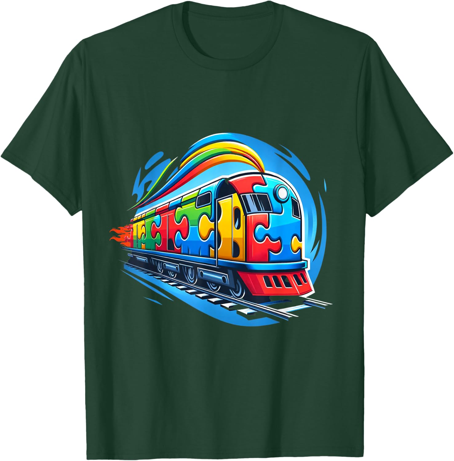 Autism Rainbow Puzzle Piece Train Acceptance Awareness T-Shirt - T-Shirt | Forest