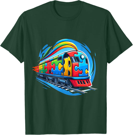 Autism Rainbow Puzzle Piece Train Acceptance Awareness T-Shirt - T-Shirt | Forest