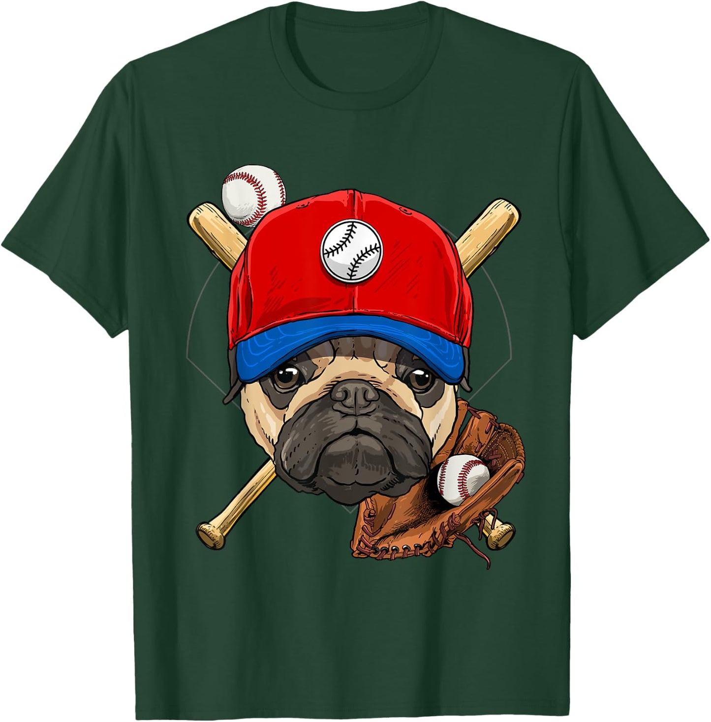 Pawsome -Adults, Kids Baseball , Black, Small, Short Sleeve, Cartoon Pug Baseball Player Applique T-Shirt - T-Shirt | Forest