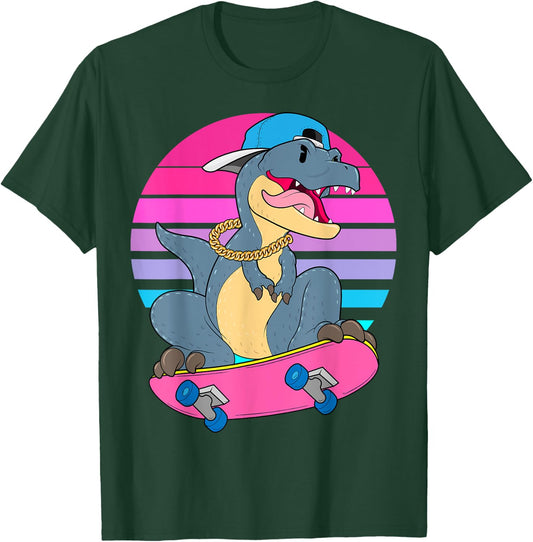 Skateboarding Dinosaur T-Rex Dino RAD Skateboard 80s Skater T-Shirt - T-Shirt | Forest