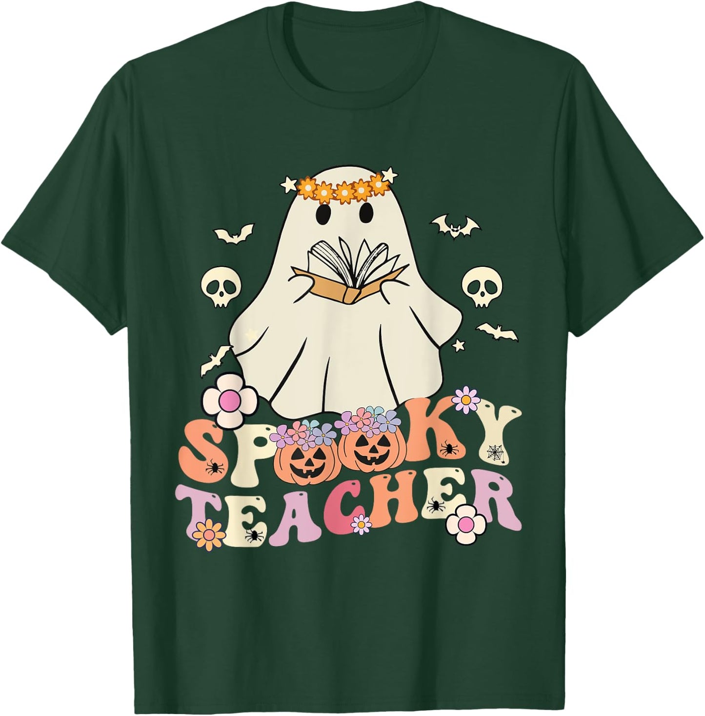 Spooky Teacher Groovy Retro Ghost Teacher Halloween 2023 Women Kids T-Shirt - T-Shirt | Forest
