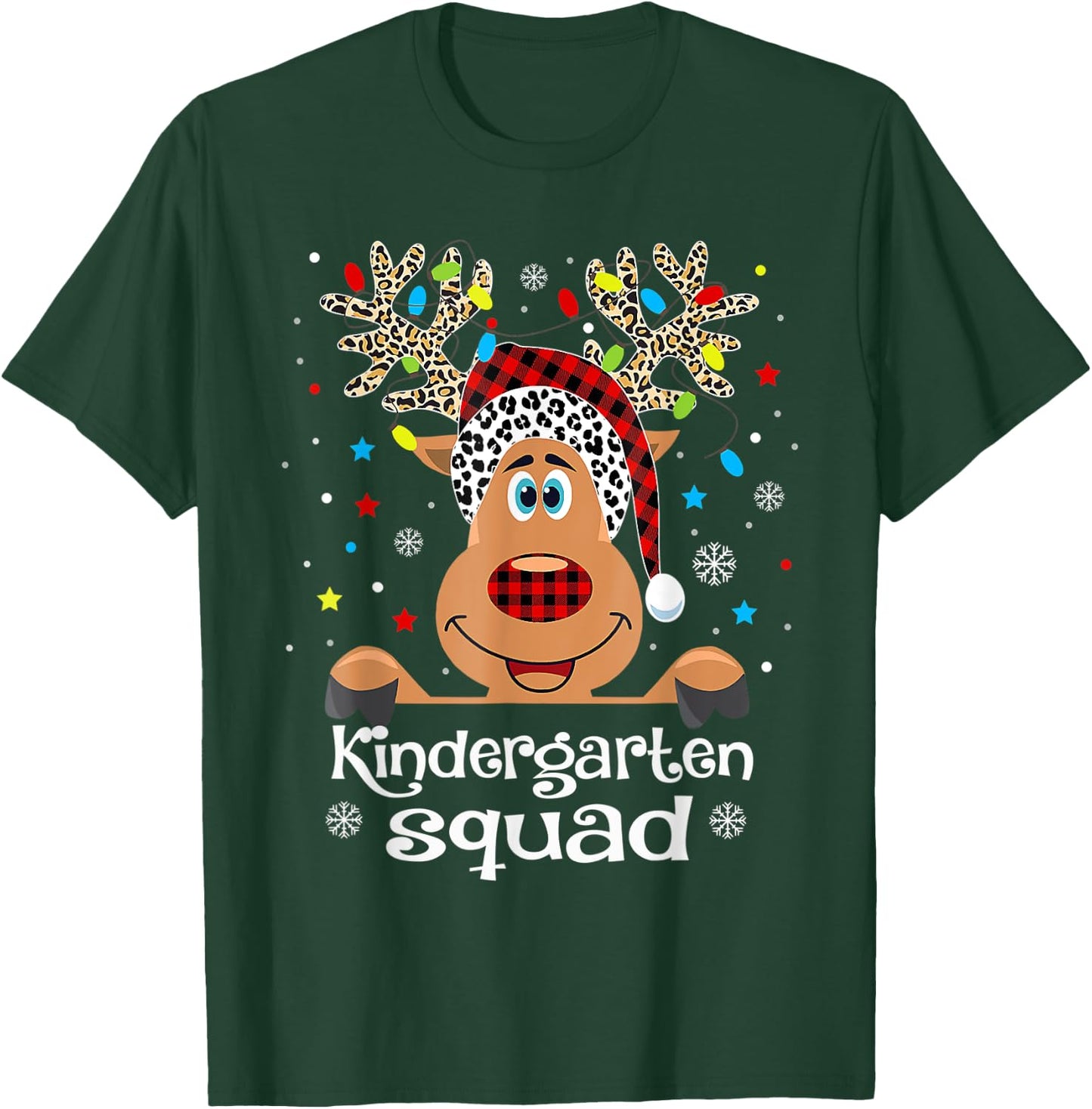 Kindergarten Squad Plaid Reindeer Santa Hat Teacher Men Women Kids T-Shirt - T-Shirt | Forest
