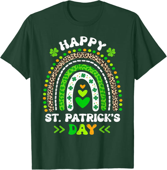 Groovy Happy St Patricks Day Leopard Rainbow Shamrock Irish T-Shirt - T-Shirt | Forest