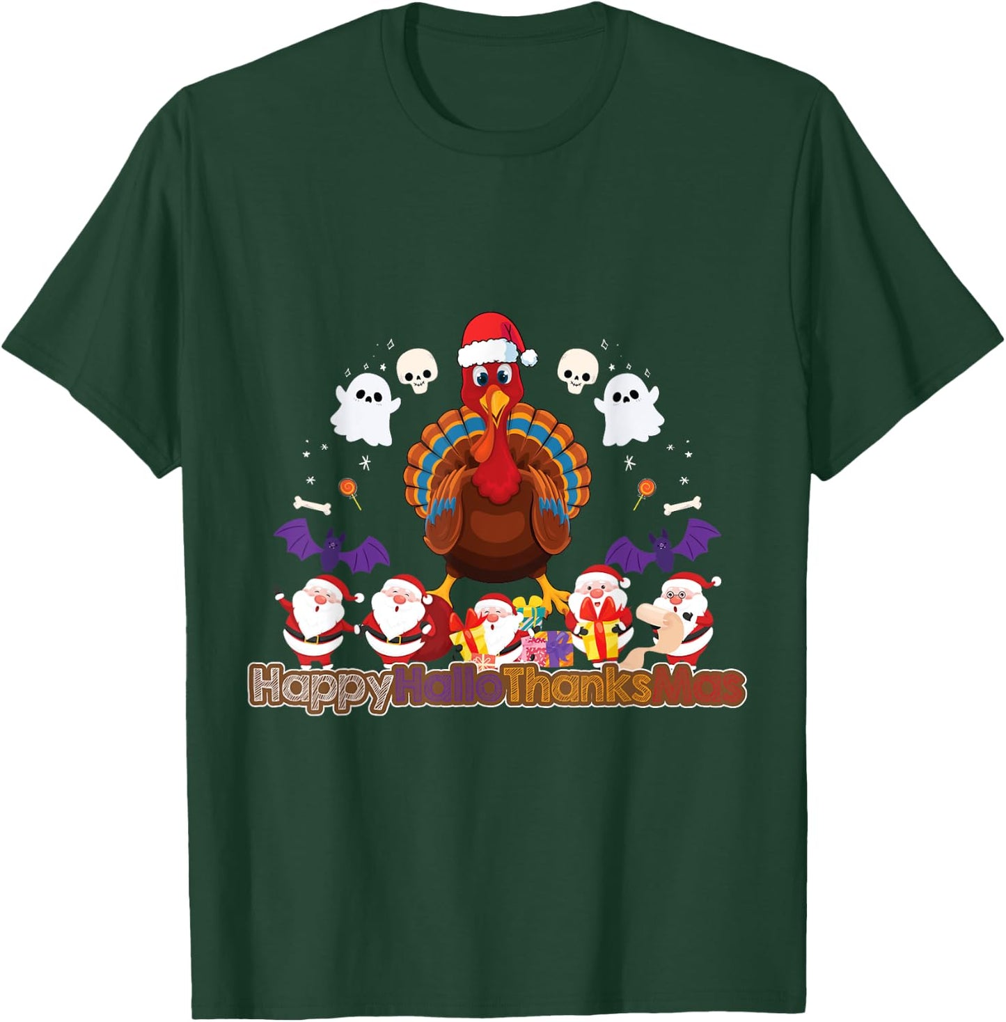 Funny HalloThanksMas Turkey Santa Holiday T-Shirt - T-Shirt | Forest