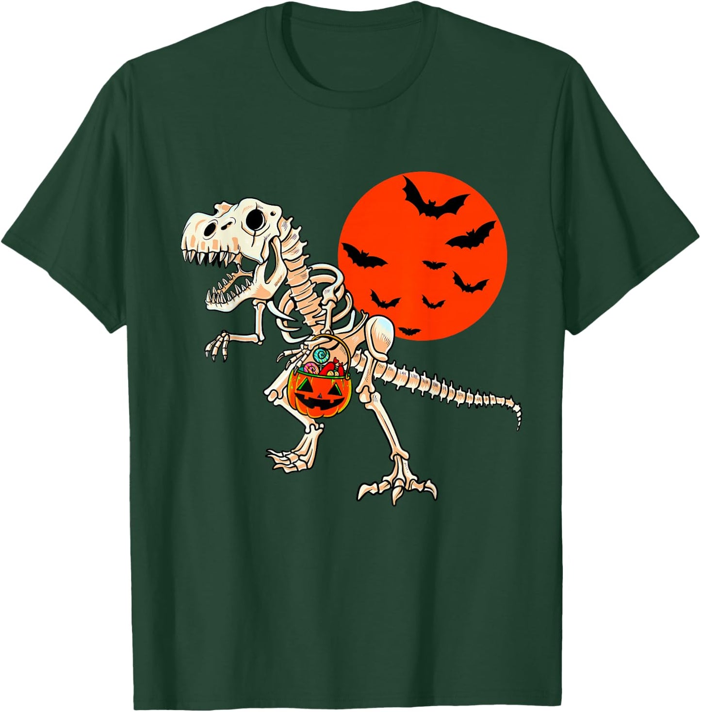 Scary Dinosaur Halloween Boys T Rex Skeleton Pumpkin Moon T-Shirt - T-Shirt | Forest
