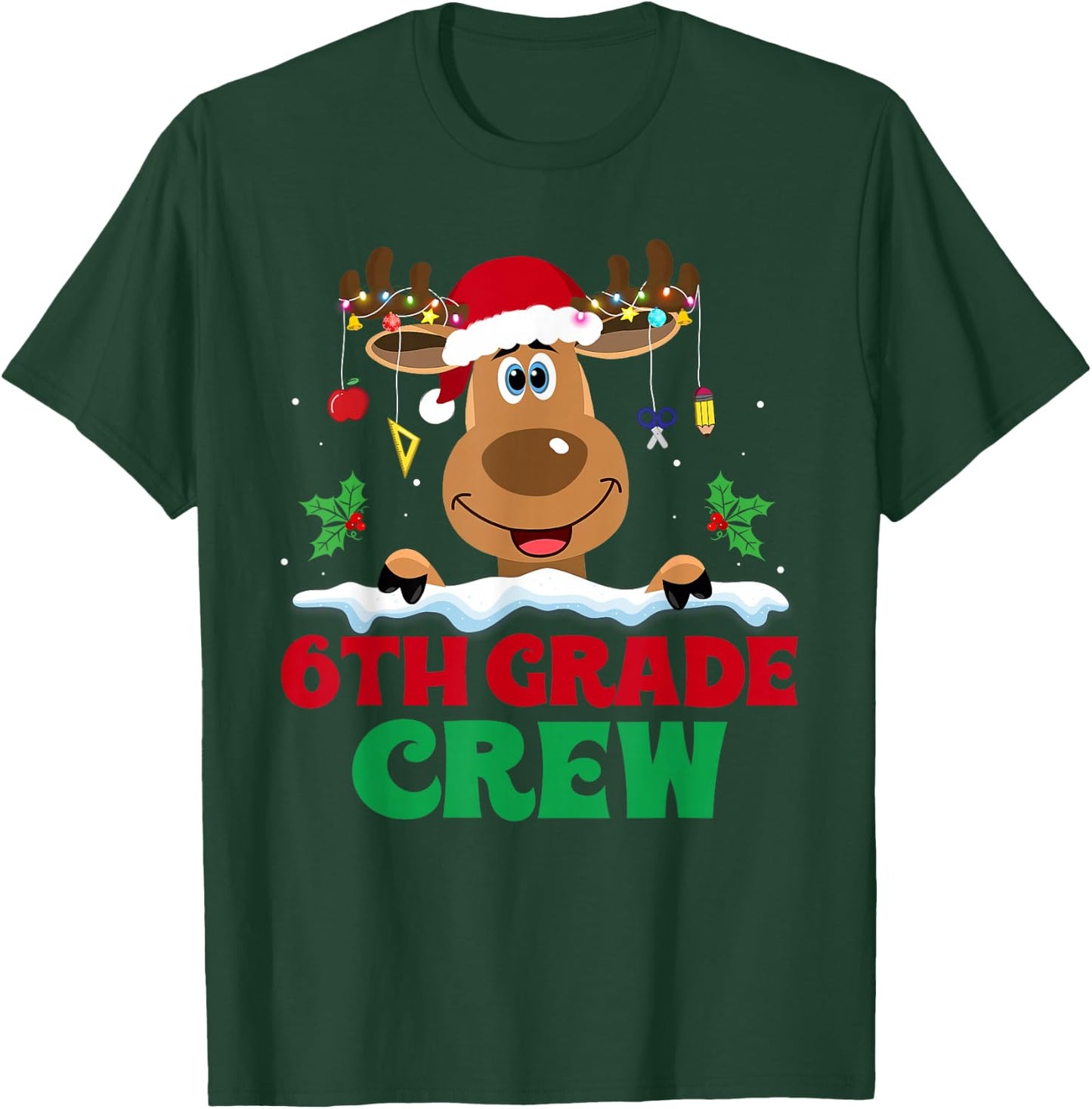 6th Grade Crew Reindeer Santa Hat Funny Christmas Teacher T-Shirt - T-Shirt | Forest