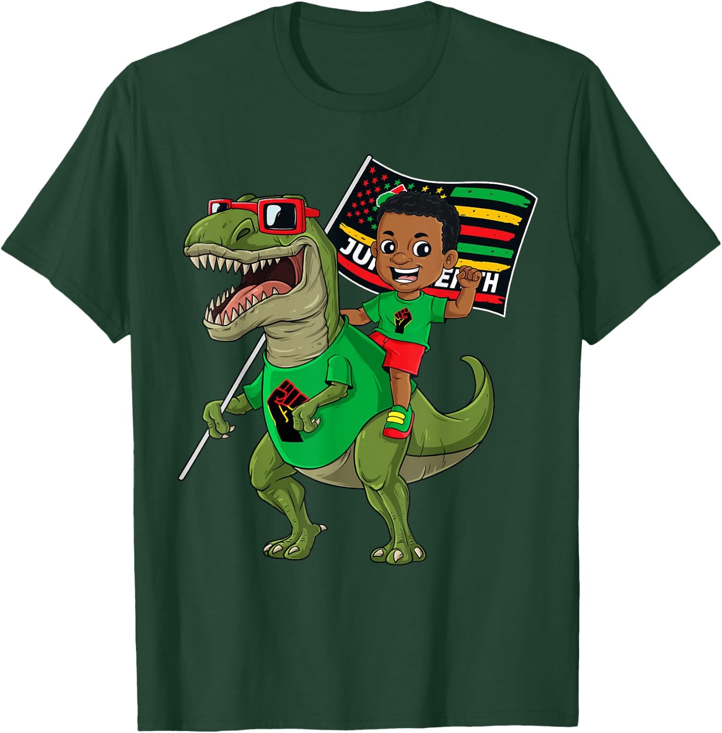 Juneteenth Black King Riding T Rex Dino Funny Boys Kids Flag T-Shirt - T-Shirt | Forest