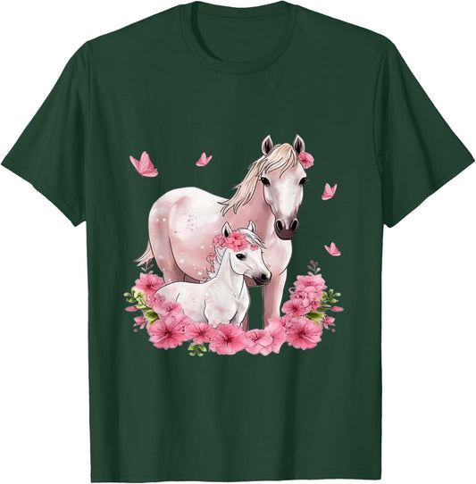 Horse with Foal - Flowers and Butterflies T-Shirt - T-Shirt | Forest