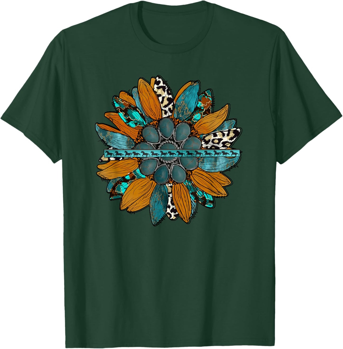 Country Western Sunflower Earth Tones Cowhide Teal T-Shirt - T-Shirt | Forest
