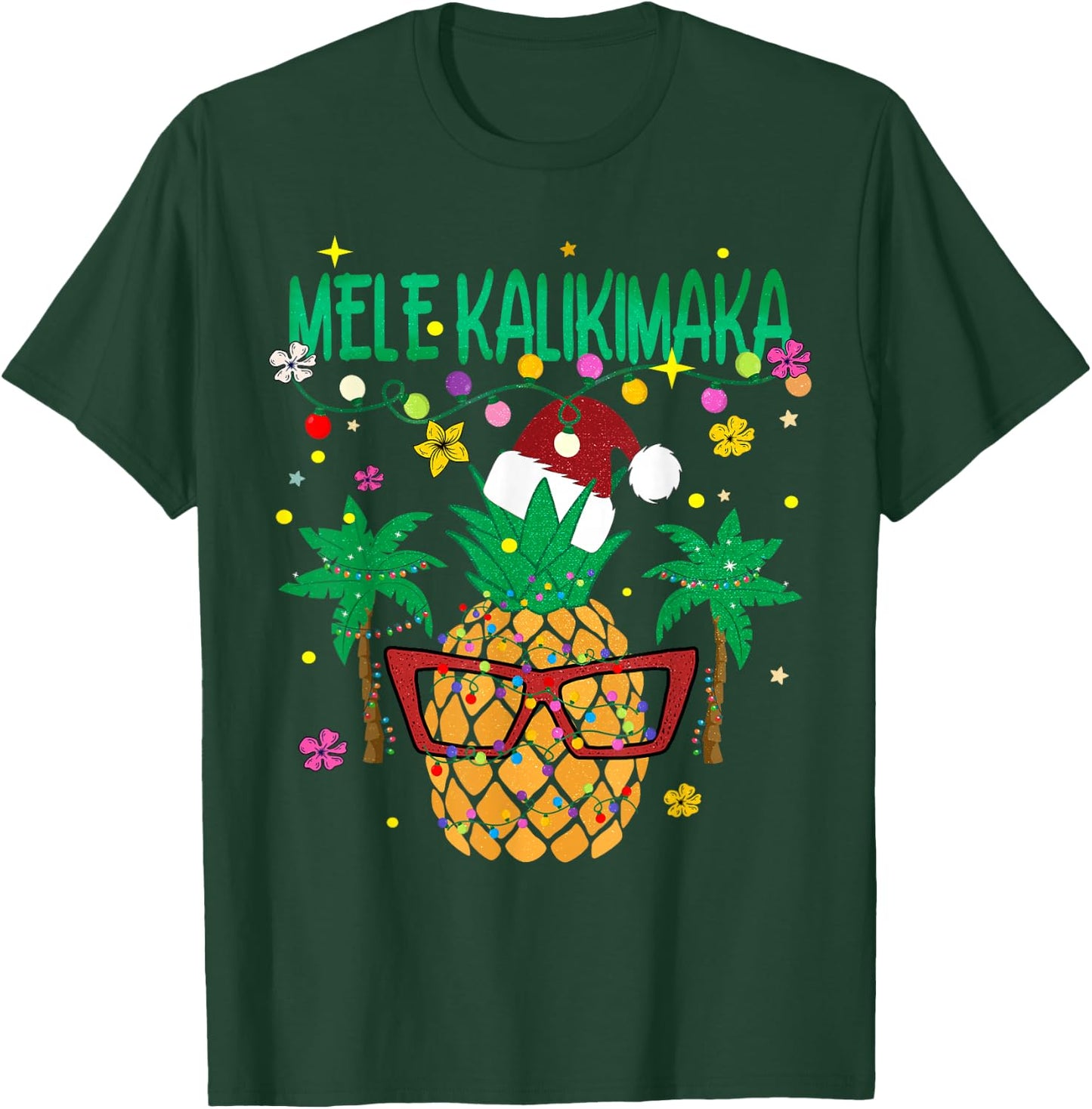 Mele Kalikimaka Xmas Lights Santa Hawaiian Pineapple T-Shirt - T-Shirt | Forest