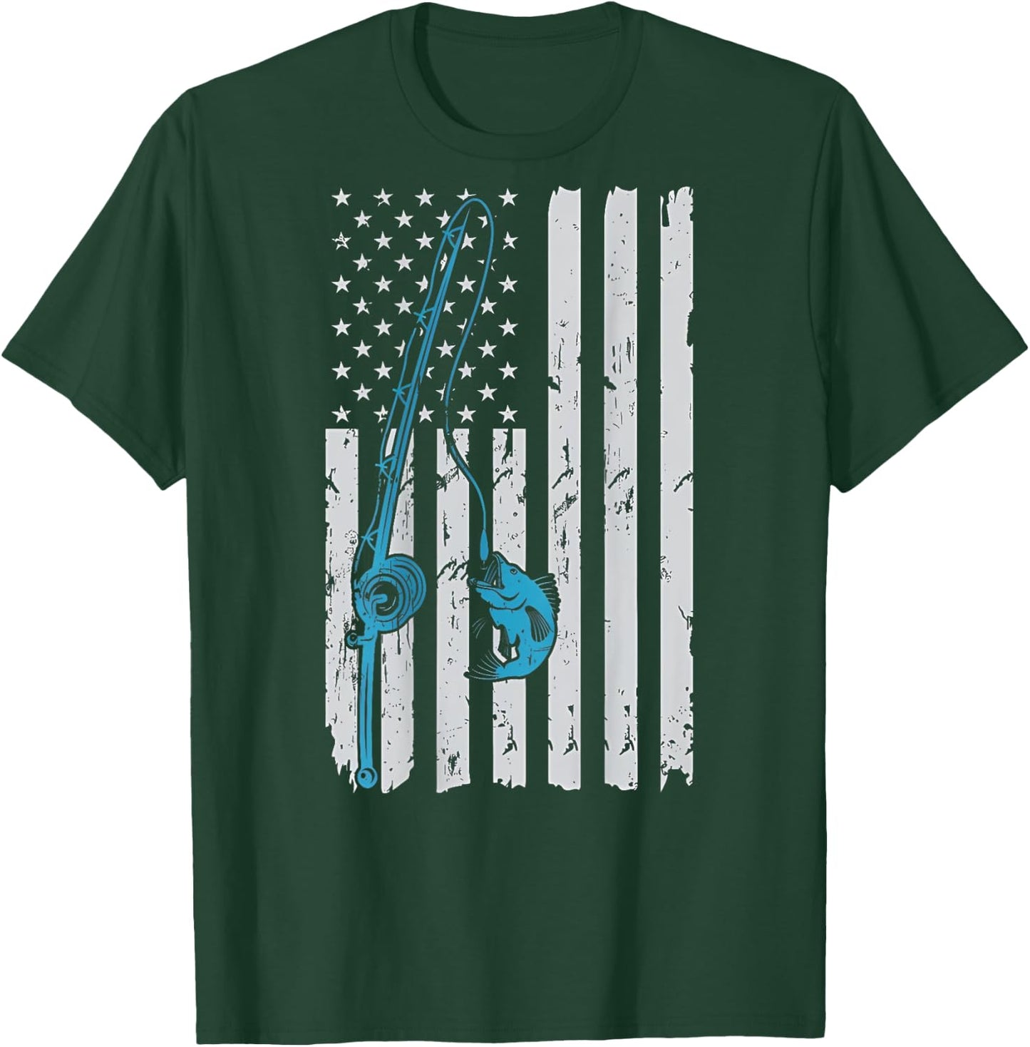 Vintage American Flag Fishing Fisherman Patriotic (ON BACK) T-Shirt - T-Shirt | Forest