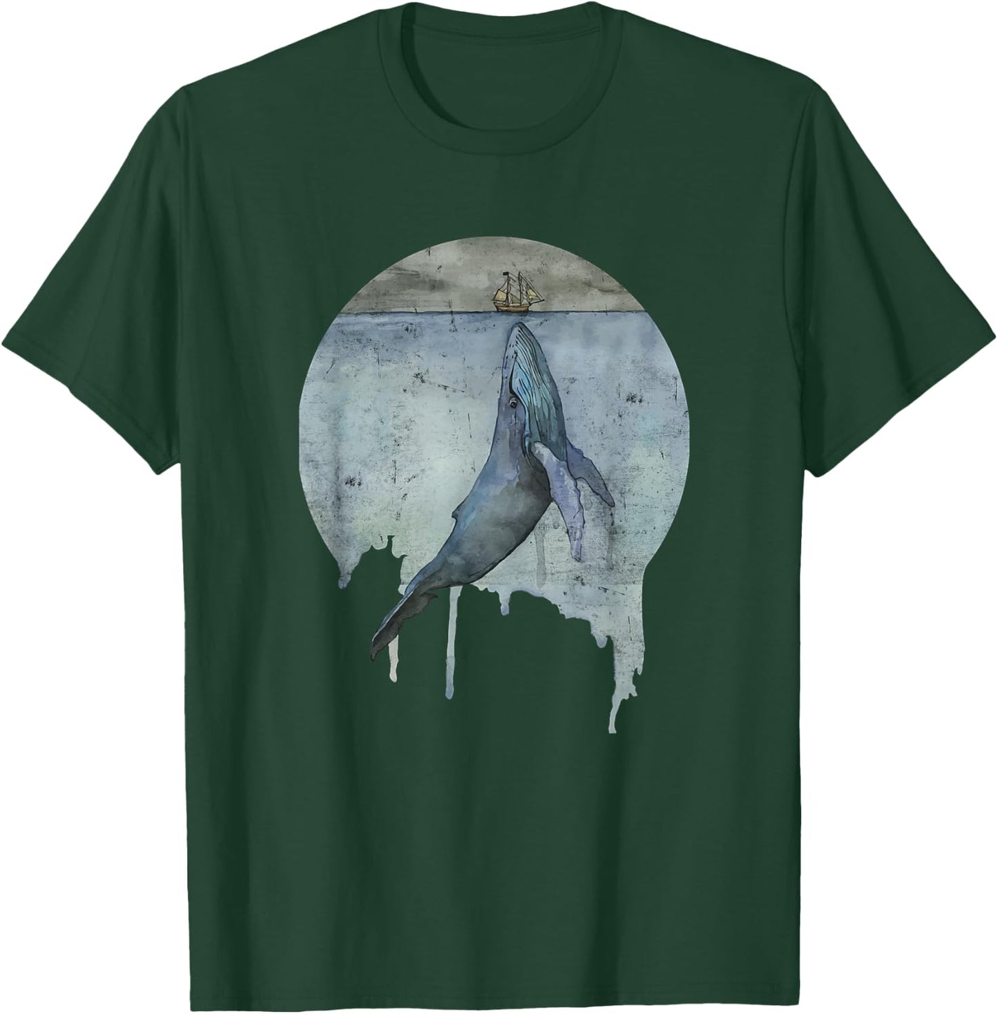 Humpback Whale Ship At Sea Distressed Watercolor Ocean Sea T-Shirt - T-Shirt | Forest