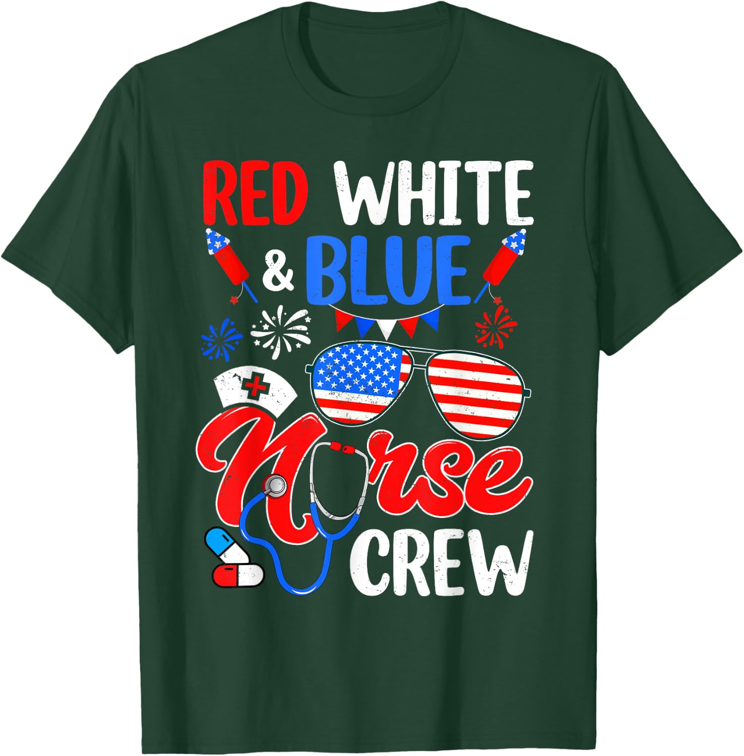 Red White Blue Nurse Crew Sunglasses 4th Of July Women Men T-Shirt - T-Shirt | Forest