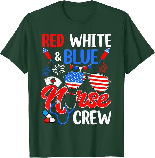 Red White Blue Nurse Crew Sunglasses 4th Of July Women Men T-Shirt - T-Shirt | Forest