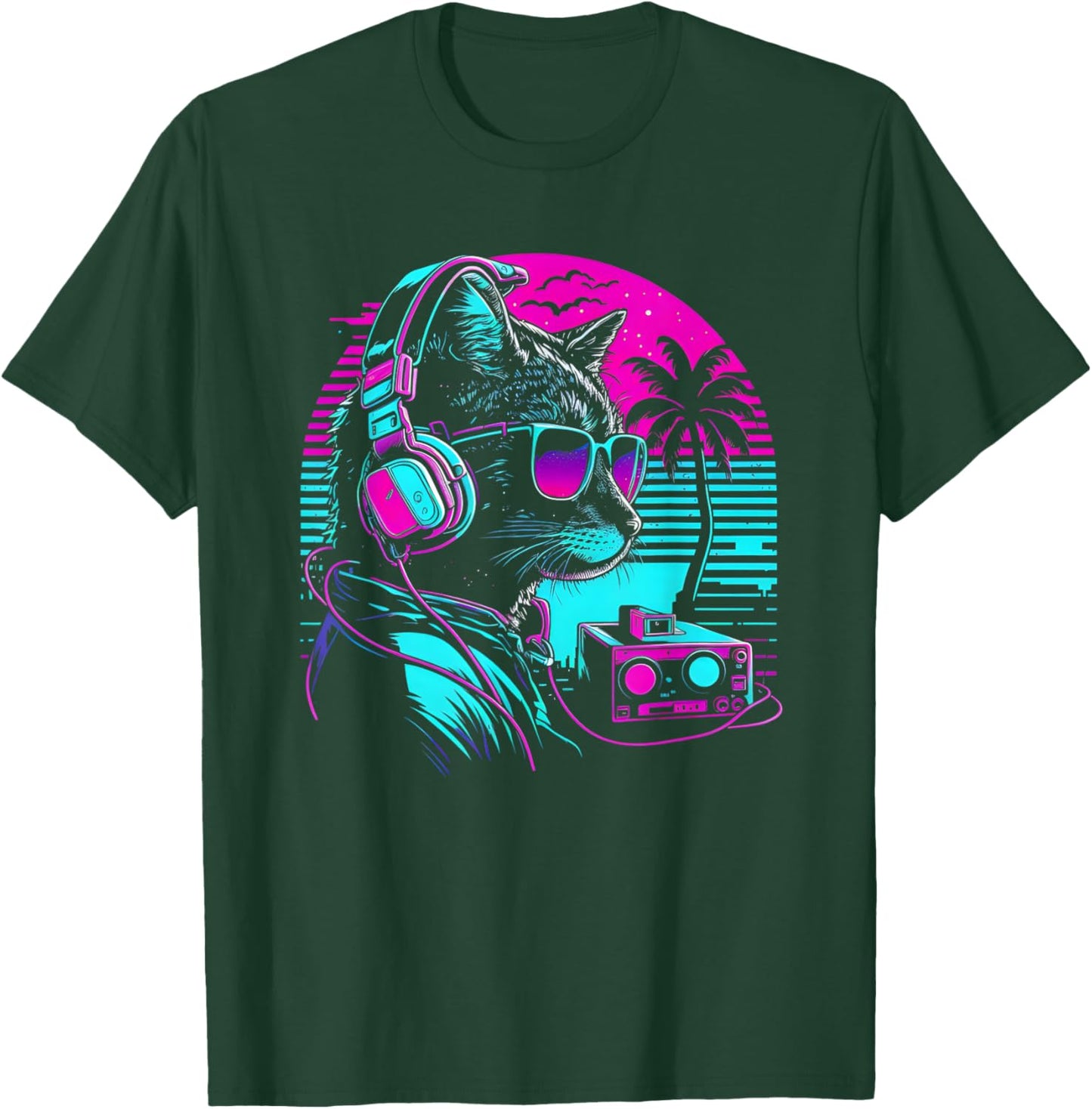House DJ Cat 80s 90s Kitten Sunset Rainbow DJ Cat Kitty T-Shirt - T-Shirt | Forest