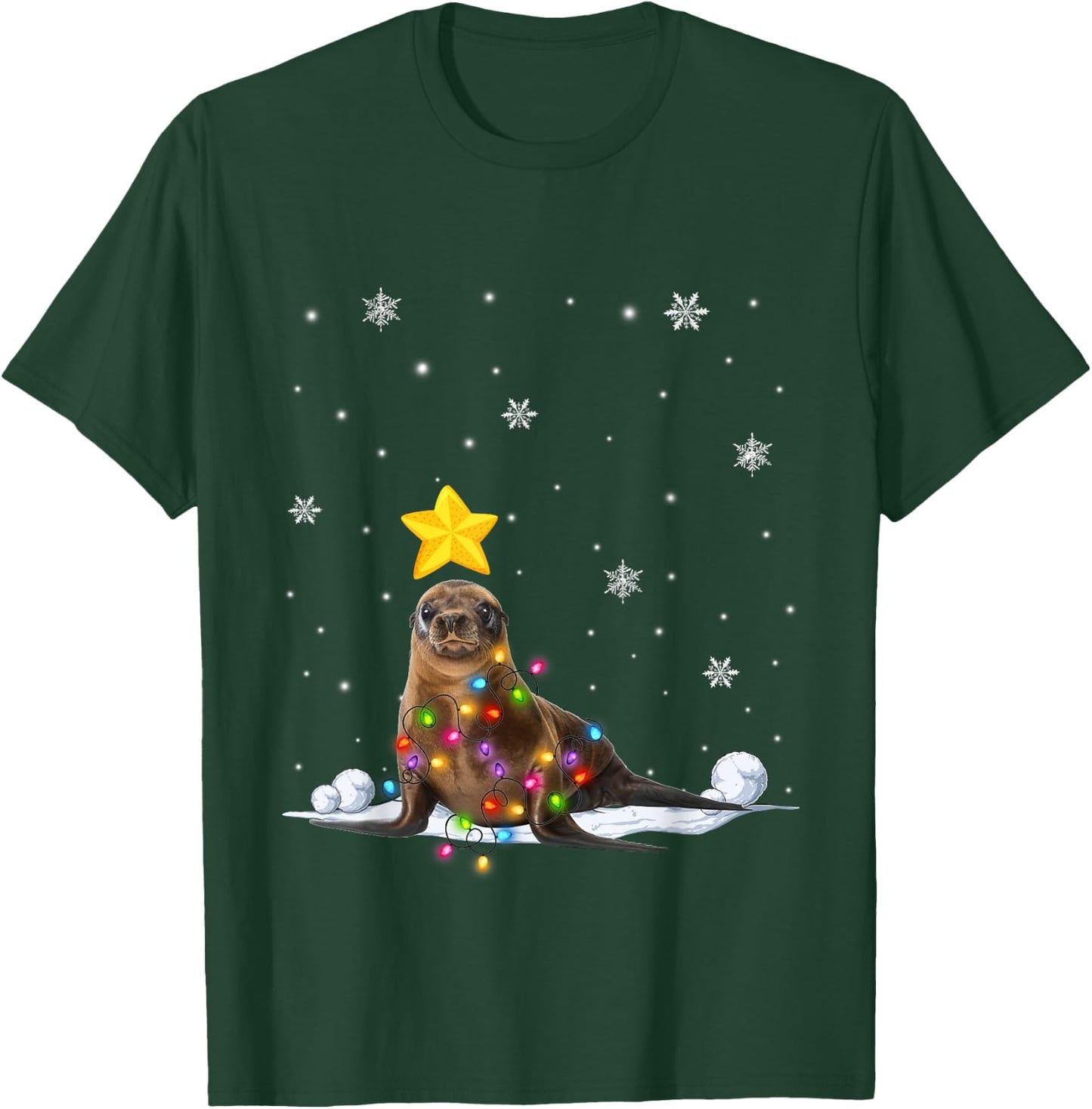 Funny Xmas Sea lion Animals Lover Christmas Tree Lights T-Shirt - T-Shirt | Forest