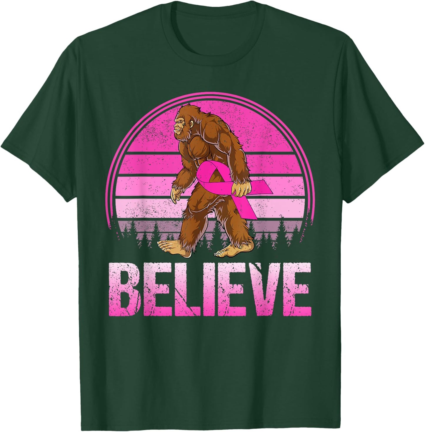 Retro Believe Breast Cancer Bigfoot & Pink Ribbon Sasquatch T-Shirt - T-Shirt | Forest