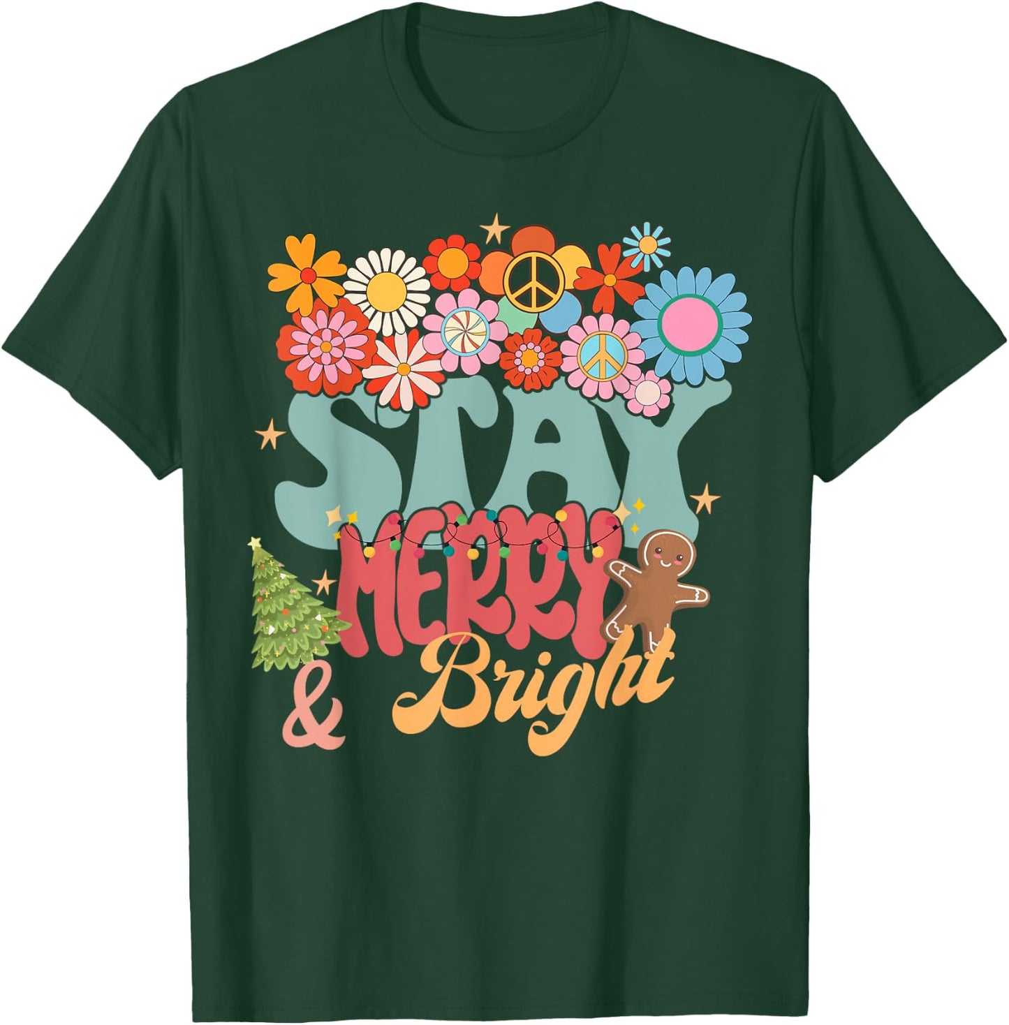 Retro Groovy Peace Stay Christmas Merry Bright Hippie Santa T-Shirt - T-Shirt | Forest