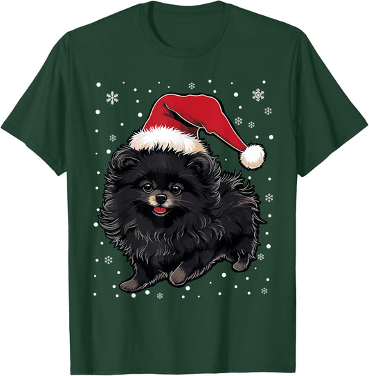 Black Pomeranian Dog Christmas Santa Hat Xmas Pajama Men Women Kids T-Shirt - T-Shirt | Forest