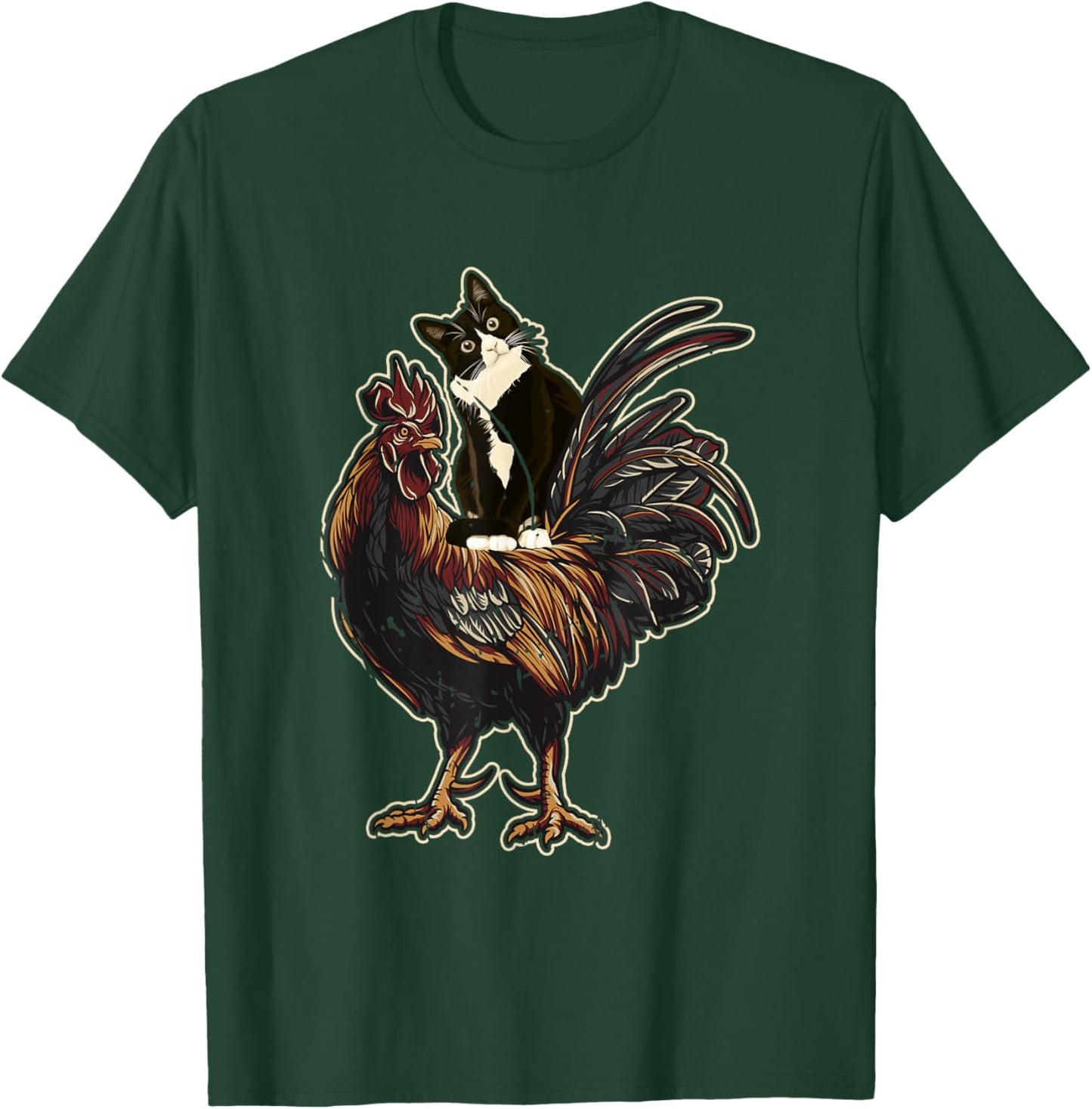 Black Cat Riding a Chicken Rooster Funny Animal Farming Men Women Girls Kids T-Shirt - T-Shirt | Forest