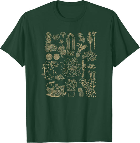 Cactus Grid Desert Plants Collage Outline Art T-Shirt - T-Shirt | Forest